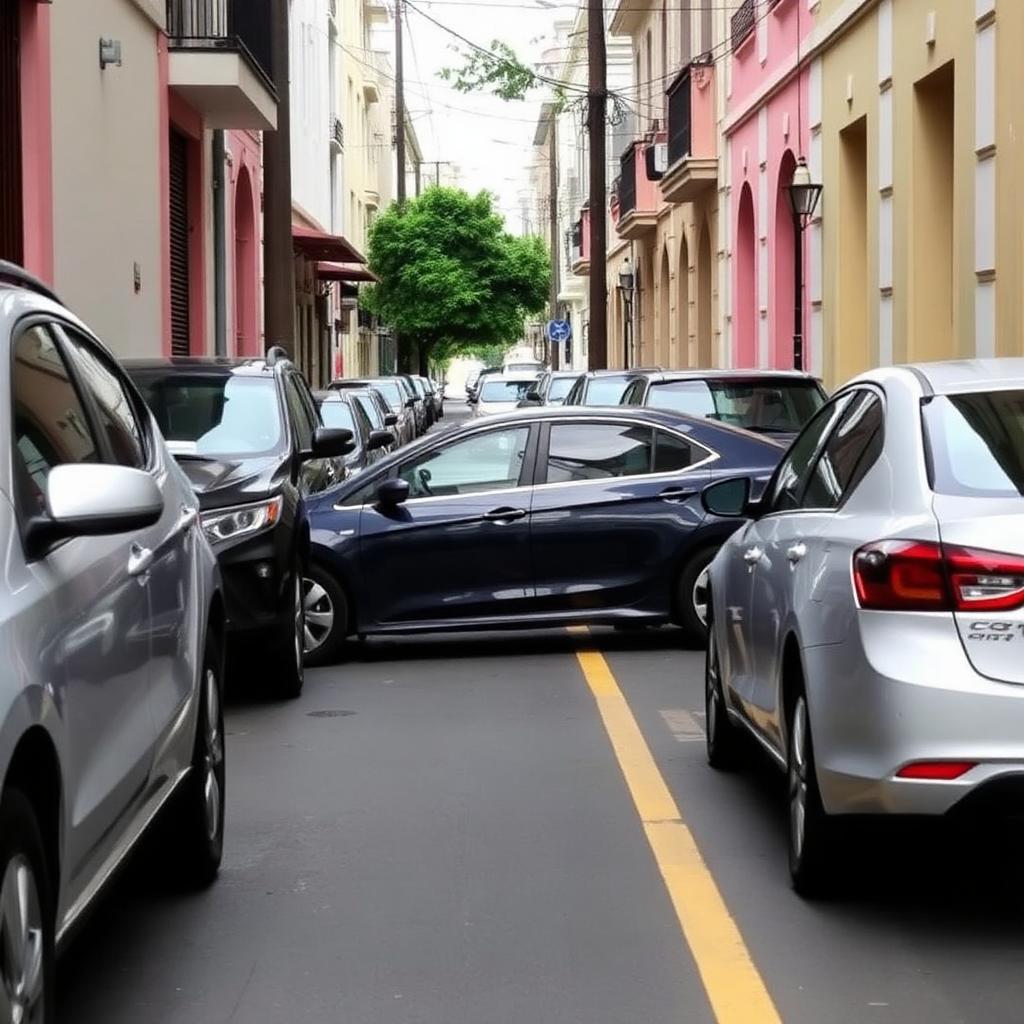 Parqueo paralelo en calle estrecha del centro